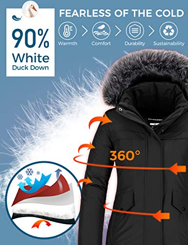 Chin·moon Women's Down Jacket Mid Length Hooded Windproof Warm Winter Coat Black M #TOP4
