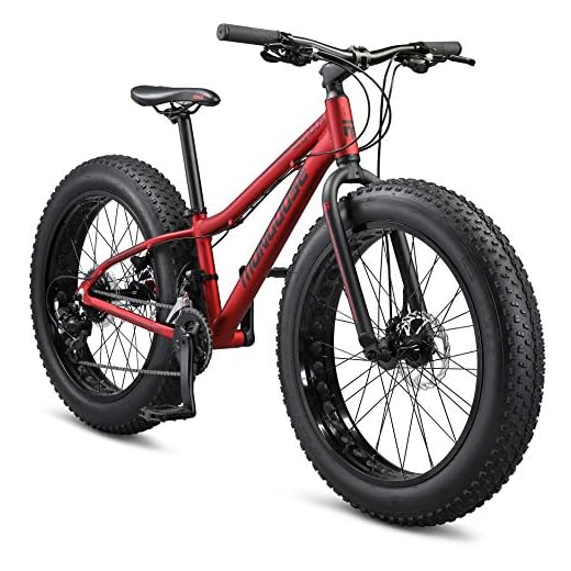 Mongoose Argus Trail Youth Fat Tire Mountain Bike, 24-Inch Wheels, Small 12-Inch Aluminum Hardtail Frame, Mechanical Disc Brakes, 2x8 Drivetrain, Rapid Fire Shifters, Red