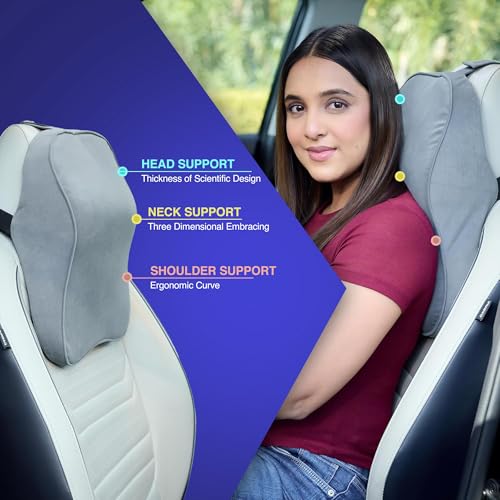 Image of WELLGIVER Orthopedic Memory Foam Car Neck Rest Pillow - Cervical Support Cushion for Neck Pain Relief, Adjustable Strap - Universal Fit for All Cars | Grey Velvet | Pack of 2