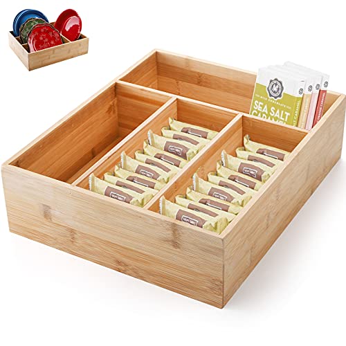 DEAYOU Organiseur de cuisine en bambou - 4 compartiments séparés - Boîte de rangement compacte en bambou pour assaisonnement, pochettes, collations, armoire, garde-manger, placard, bureau - Naturel Cover