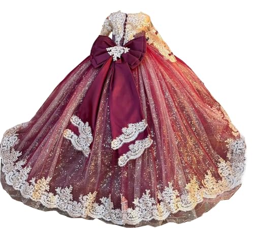 Lace Flower Girl Dresses for Wedding Long Train Sparkly Tulle Elegant with Bow First Communion Dresses