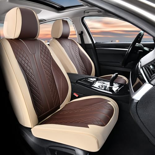 Image of FLORICH Front Seat Covers 2 Pieces Universal Seat Cover for Cars Breathable Leather Waterproof Car Seat Cover Driver Seat Cover Automotive Car Seat Cushion Fit for Most Cars SUV Trucks, Beige&Coffee