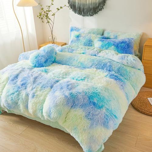 Plush Fluffy Tie Dye Mint Green Comforter Cover Twin Set – Faux Fur Plush Tie Dye Mint Green Bedding 2-Piece Set (1 Furry Duvet Cover + 1 Shaggy Pillow Sham) Cozy Bed Set