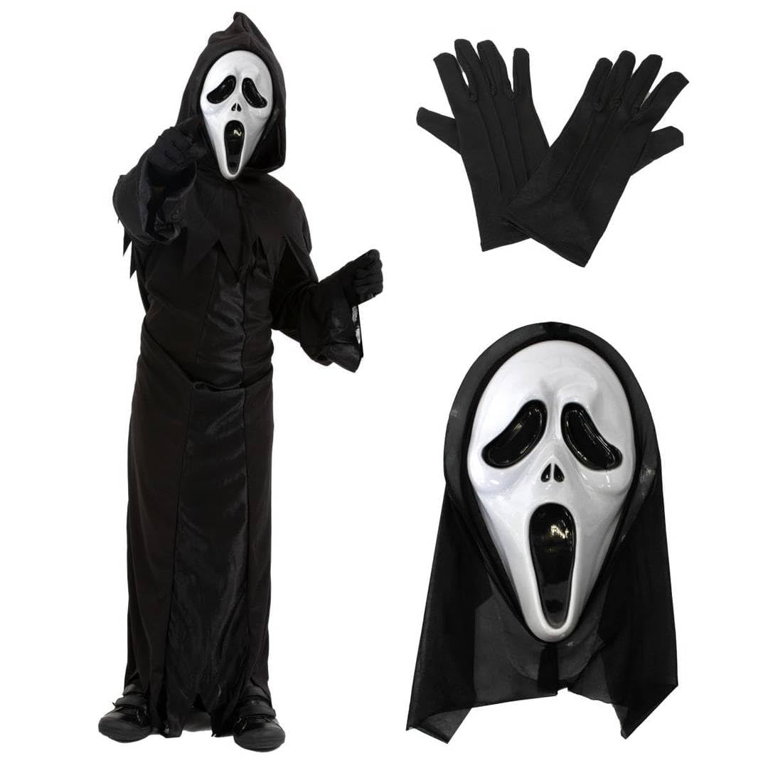 LOVETRENDS Kids Ghost Killer Costume - Black Hooded Robe with Screaming Face Mask and Black Gloves - Childs Halloween TV Film Fancy Dress Costume