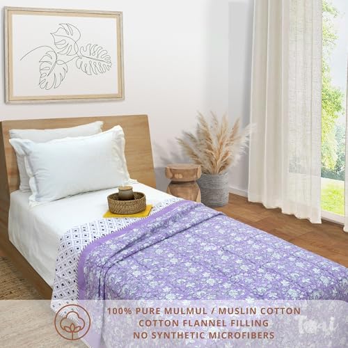 Image of TOAIArt Premium Jaipuri Dohar | AC Blanket Summer Quilt | Hand Block Printed | 3 Layers | Reversible | 150GSM 100% Mulmul Cotton | 100% Cotton Flannel Filling | Single 60 inch X 90 inch |Lavender Kalamkari
