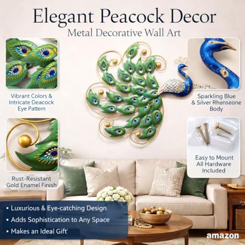 Image of Home And Crafts Framing Hub - Metal Big Hand Painted Peacock Iron Leaf Wall Art Decor | Decorative Wall Sculpture for Living Room Bedroom Drawing Room Office (Size 30x30 Inch)