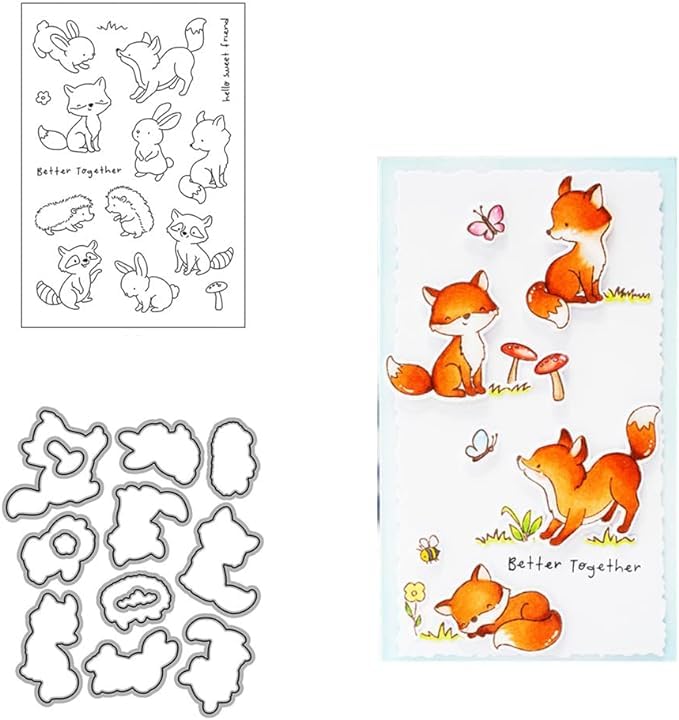 JIHFOHHA Cute Animal Clear Stamps and Dies Die for Card Making, Rabbit Fox Hedgehogs Cutting Die and Stamps Set for DIY Scrapbooking Album Decorative