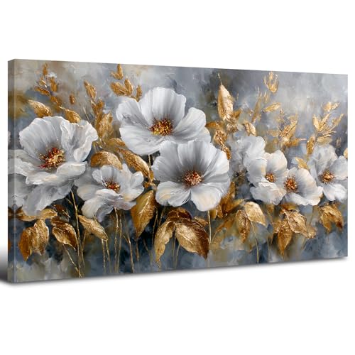 AREBOLO Abstrait Fleurs Tableau Decoration Murale Encadré Grande Toile Peinture Vintage luxe Floral Feuilles Dorées Decoration Murale Salon Maison Deco...