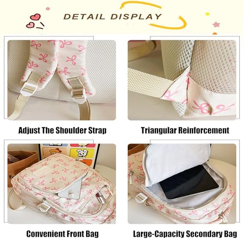 3Pcs Set Pink Bow Backpack for Women, Coquette Aesthetic Nylon Rucksack Cute Kawaii Backpack With Bow Pattern (Pink)4