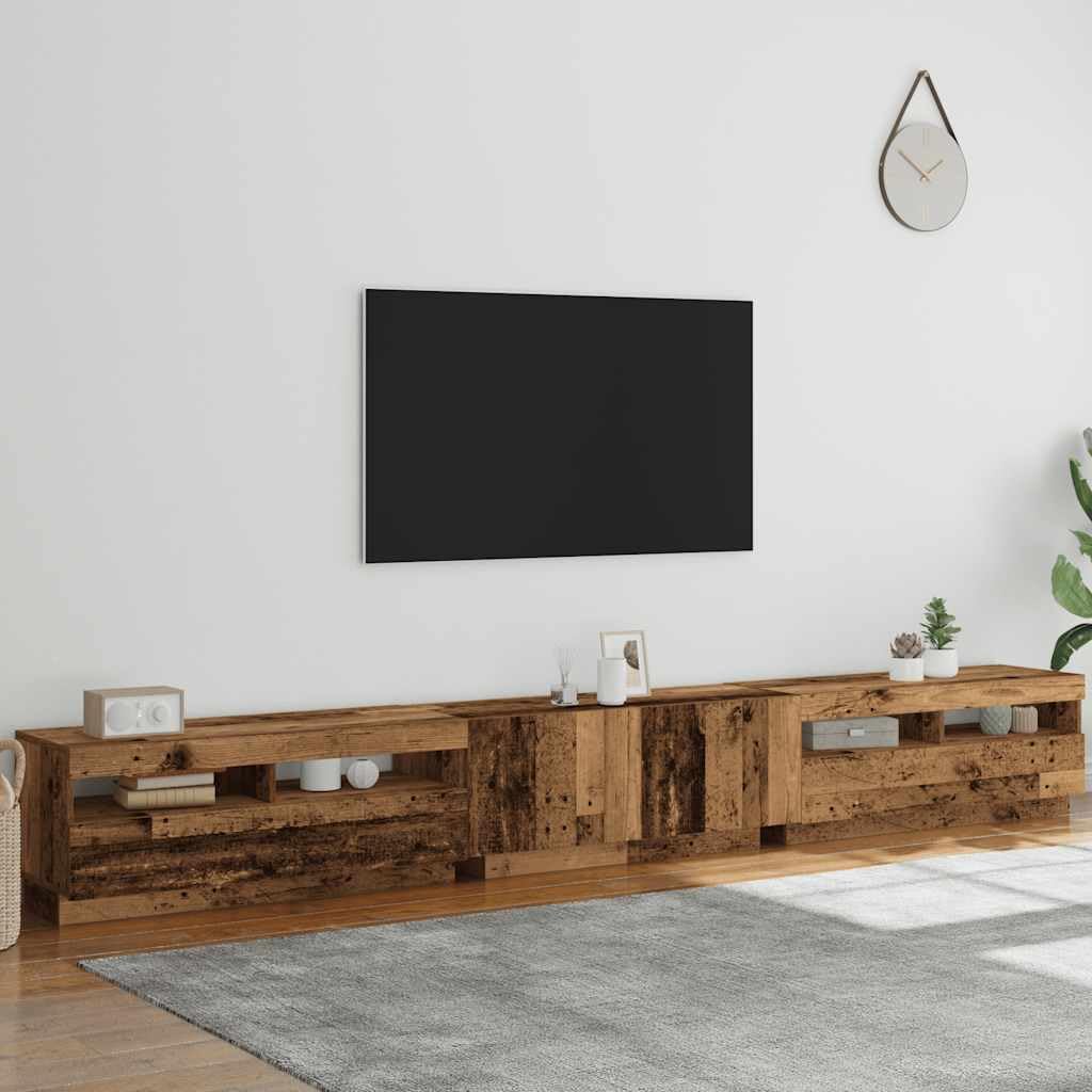 Stojak Pod Telewizor z Oświetleniem LED, Drewno Konstrukcyjne, Drewniany Stojak Pod Telewizor na DVD, Konsole do Gier i Inne Urządzenia, Prosta Konstrukcja (Stare drewno)