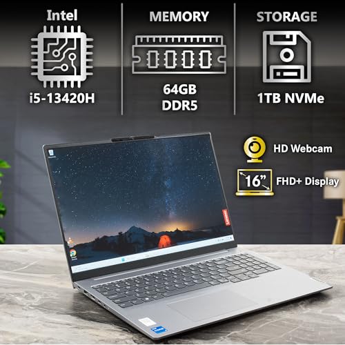 Image of Lenovo ThinkBook 16 Business Laptop, 16 inch FHD+ Anti-Glare Display, Intel 8-Core i5-13420H, 64GB DDR5 RAM, 1TB NVMe, WiFi 6 + BT, RJ-45, HDMI, HD Webcam, Win 11 Pro