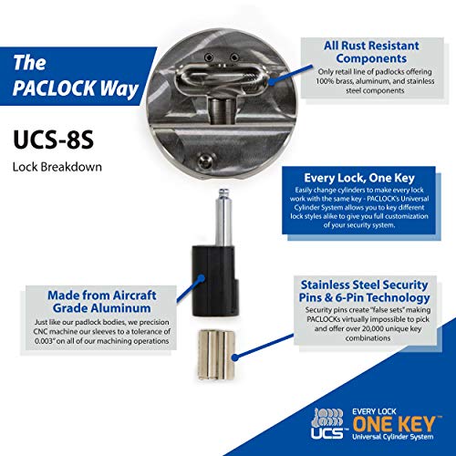 Image of PACLOCK's 8-Series Stepped-Back Puck, UCS, High Performance 6-Pin Cylinder, Keyed Differently w / 2 Keys, 304 Stainless Steel