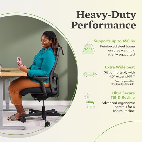 Image of HON Ignition 2.0 Big and Tall Ergonomic Mesh Office Chair, 450 lb Capacity, Extra‑Wide High‑Back Desk Chair with Adjustable Arms, Lumbar Support, Tilt Recline, Swivel Wheels, Black Frame, Black