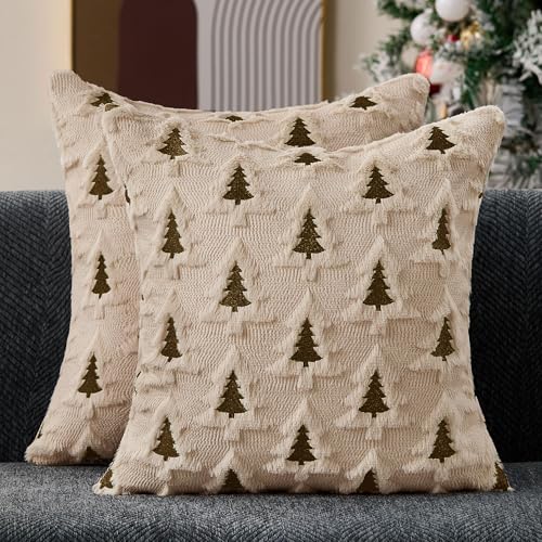 Allorry Christmas Pillow Covers 18x18 Set of 2 Beige Brown Xmas Tree Pillow Covers Soft Plush Faux Fur Christmas Decorations for Xmas Winter Holiday Home Bedroom Sofa Cushion Cases PT-008D18