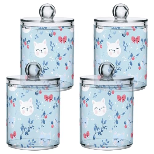 Gredecor 4 Pack Qtip Holder Clear White Cats Bows (3) Apothecary Jars with Lids Acrylic Bathroom Jars Vanity Countertop Canister Storage Organizer for Cotton Ball,Swabs,Pads,Floss