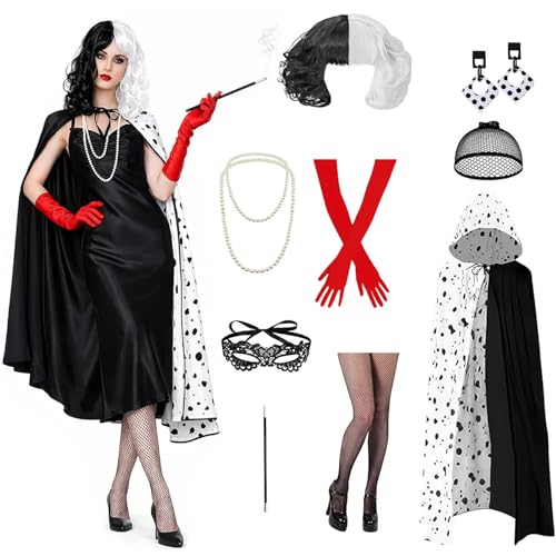 WZBBJuser Cruella Disfraz de Cruella Devil con capa, peluca