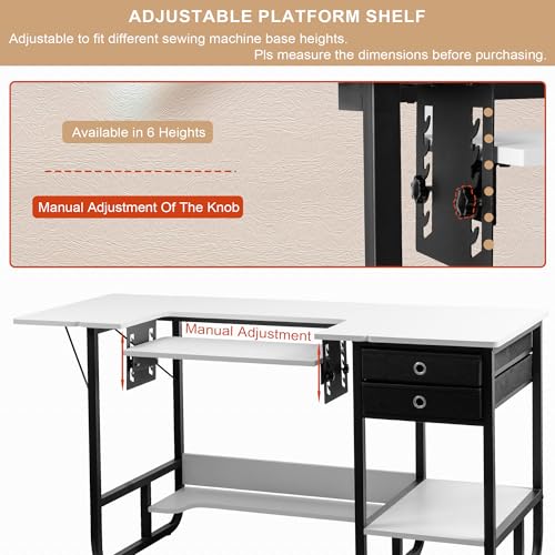 Foldable Sewing Machine Table, Multipurpose Sewing Table with Adjustable Platform, Storage Shelf and 2 Cloth Drawers (Warm White) - Image 6