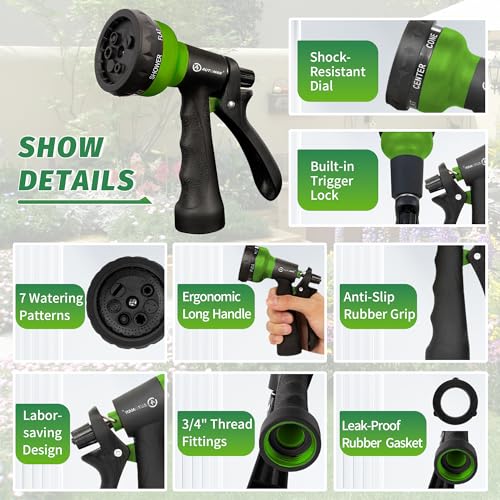Image of AUTOMAN-Garden-Hose-Nozzle, 2 Pack ABS Water Spray Nozzle with Heavy Duty 7 Adjustable Watering Patterns,Slip Resistant for Watering Plants,Lawn& Garden,Washing Cars,Cleaning,Showering Pets - Green