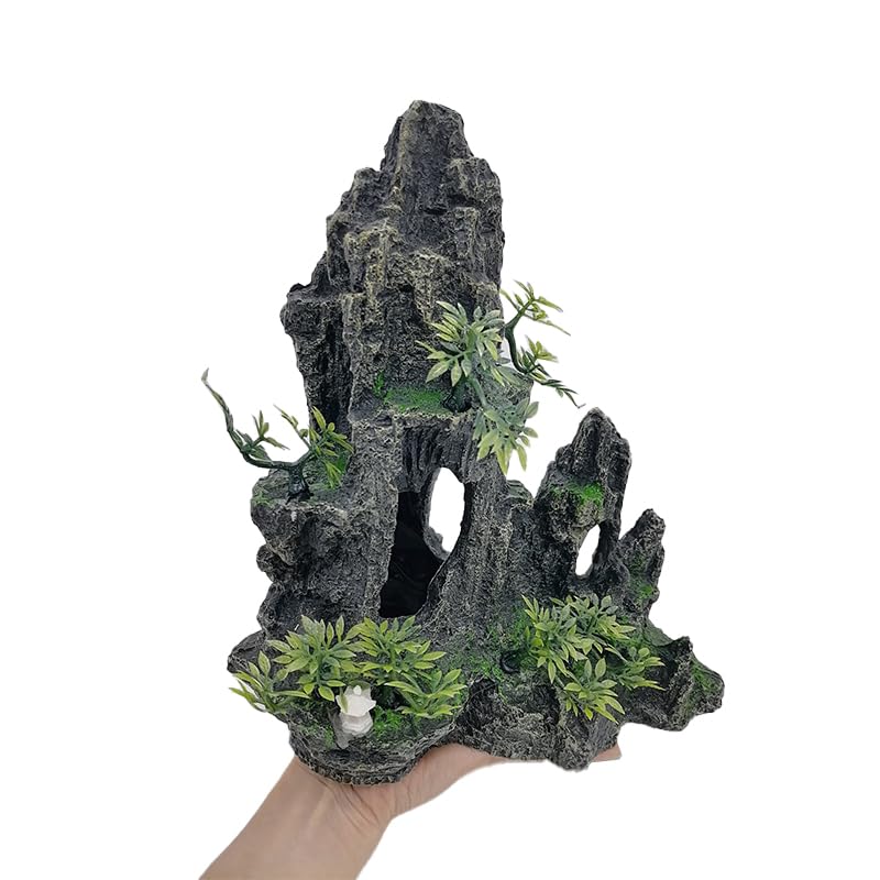 Poxela Fish Tank Rock Cave Decoration - Mountain View Aquarium Ornament with Moss Tree and Stone for Aquascaping(Large Mountain-B)