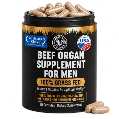 Primal Science Beef Organ Supplement for Men 100% Grass Fed Beef Testicle Prostate Liver & Bone Matrix High Absorption with Black Pepper Non-GMO Hormone Free Made in USA 90 Capsules