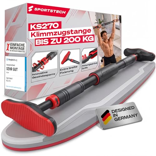Klimmzugstange mit innovativer Gear-Lock Funktion | sicher & schnell ohne Schrauben im Türrahmen ansetzen | Indoor Pull Up Bar individuell anpassbar bis 90 cm | SPORTSTECH KS260 / KS270 inkl. eBook