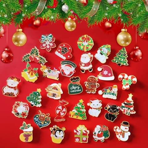 Gorvalin Christmas Acrylic Pins for Backpack - 30PCS Christmas Tree Snowman Cat Candy Decorative Brooch Pins Set for Clothes, Bags, Hats - Cute Xmas Party Accessories Cover