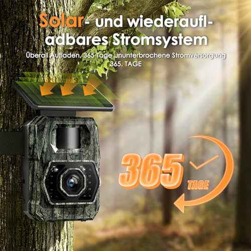 Wildkamera WLAN mit Handyübertragung App, 4K 64MPWildkamera Solar mit Akku 5200mAh Wildtierkamera mit Bewegungsmelder Nachtsicht 0,1s Auslösezeit Wildtierkamera Bluetooth Nachtsichtkamera, IP66