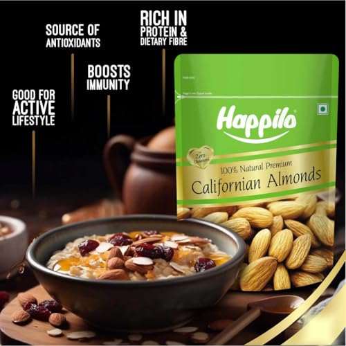 Image of Happilo 100% Natural Premium California Dried Almonds 500g Pack Pouch | Premium Badam Giri | High in Fiber & Boost Immunity | Real Nuts | Gluten Free (Pack of 2)