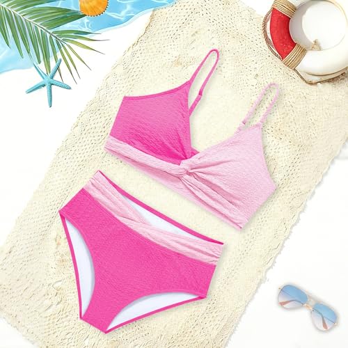 Image of Girls Swimsuit Solid Bathing Suit 2 Piece Twist Cross Adjustable Straps Soft Lining Bikini for Teen Girls with Chest Pad