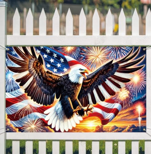 Image of America Independence Day Backdrop Banner 71 x 43 Inch US Flag Bald Eagle Patriotic National Holiday Backdrop Veterans Day Memorial Day Party Banner Supplies Independence Day Themed Party
