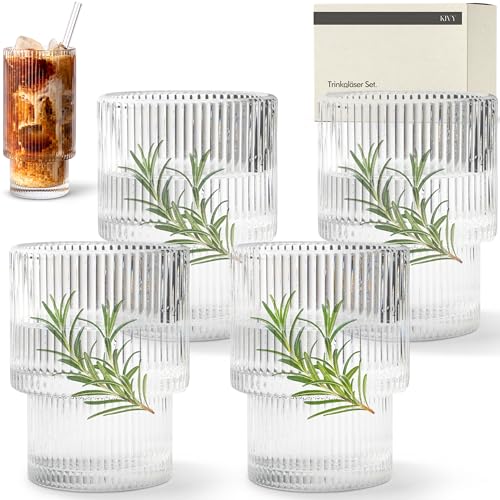 KIVY Geriffelte Wassergläser 4er Set - Stapelbare Trinkgläser - Riffle Gläser - Ripple Gläser Aesthetic - Wasserglas klein - Trinkglas für Iced Matcha Latte & Eiskaffee