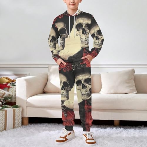 Boys Girls Sweatshirt Pullover Hoodie & Pants Kid Active Sweatsuit Tracksuit, Skull Couple Vintage3