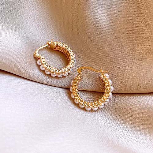 Pearl Hoop Earrings for Women, 18K Gold Plated Small Gold Hoop Earrings, Trendy Hypoallergenic Pearl Huggie Hoops Stud3