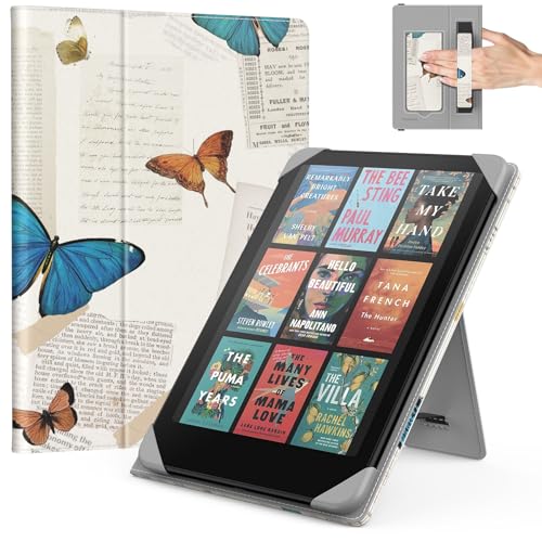 MoKo Universal Funda para 6.8, 7 Pulgadas Kindle Paperwhite eReaders y Tabletas, Kindle Paperwhite/Colorsoft/Kobo Libra/BOOX/Ocean, Funda Tipo Libro Liviana con Correa de Mano/Soporte,Mariposa Vintage