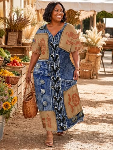 Image of SUZONANA Plus Size Denim Print Maxi Dresses for Women Casual V Neck Short Sleeve with Pockets Soft Jean Look Dress XL-6XL