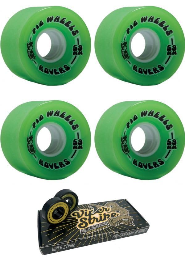 59mm Pig Wheels Rover Green Skateboard Wheels - 85a with Viper Strike Skateboard Bearings 8mm Precision ABEC 7 Skateboard Bearings - Bundle of 2 Items