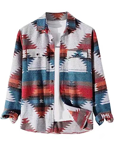 VIEWON Herren Casual Print Button-Down Woll-Langarm-Leichtjacke mit Kragen, Western Shacket Jacke Mantel, Rot/Ausflug, einfarbig (Getaway Solids), L