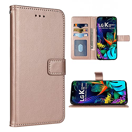 FDCWTSH Compatible with LG K50 Q60 Wallet Case Wrist Strap Lanyard Leather Flip Cover Card Holder Stand Cell Accessories Folio Purse Credit Phone Cases for X6 K12 MAX Women Men Rose Gold