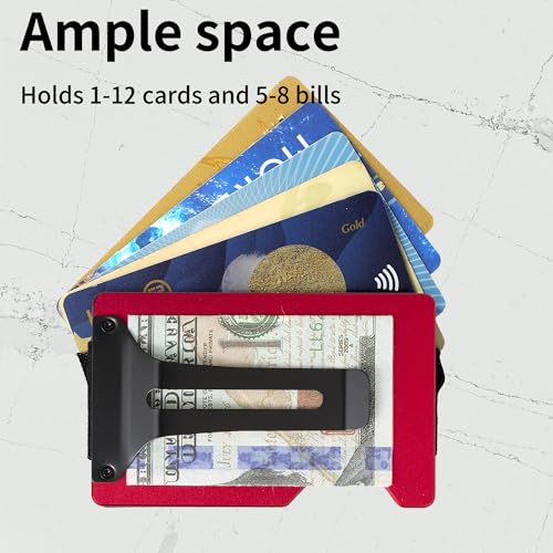 Image of Minimalist Carbon Fiber Wallet for Men, Money Clip Cash Strap Wallet, RFID Blocking Metal Wallet Aluminum Card Holder,Front Pocket Wallet(Matte Red)
