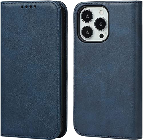 Étui portefeuille iPhone 14 Pro Max bleu en cuir PU avec porte-cartes