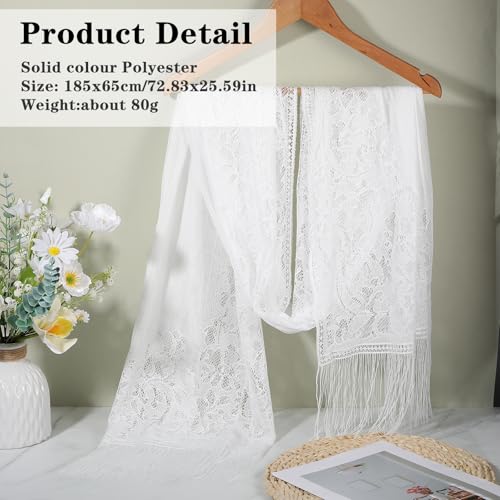 White Women's Floral Lace Scarf Shawl with Tassels Wedding Formal Wraps Soft Mesh Fringe Wraps for Wedding Evening Party Dresses Shawls for Evening Dresses Scarfs (White)2