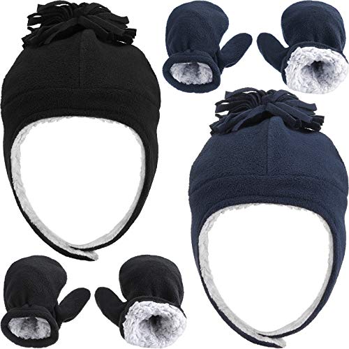 2 Sets Unisex Baby Fleece Trapper Hats and Mittens Infant Winter Warm Earflap Cap Mitten Set