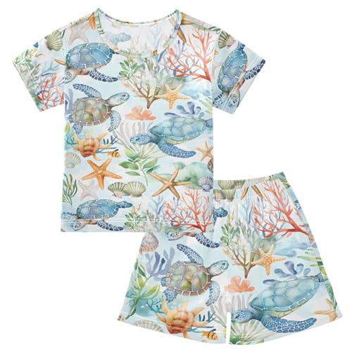 ALAZA Sea Turtle Coral Reef Starfish Pajamas Short Sleeve 2 Piece Sleepwear Top and Bottom Pajama Set Unisex