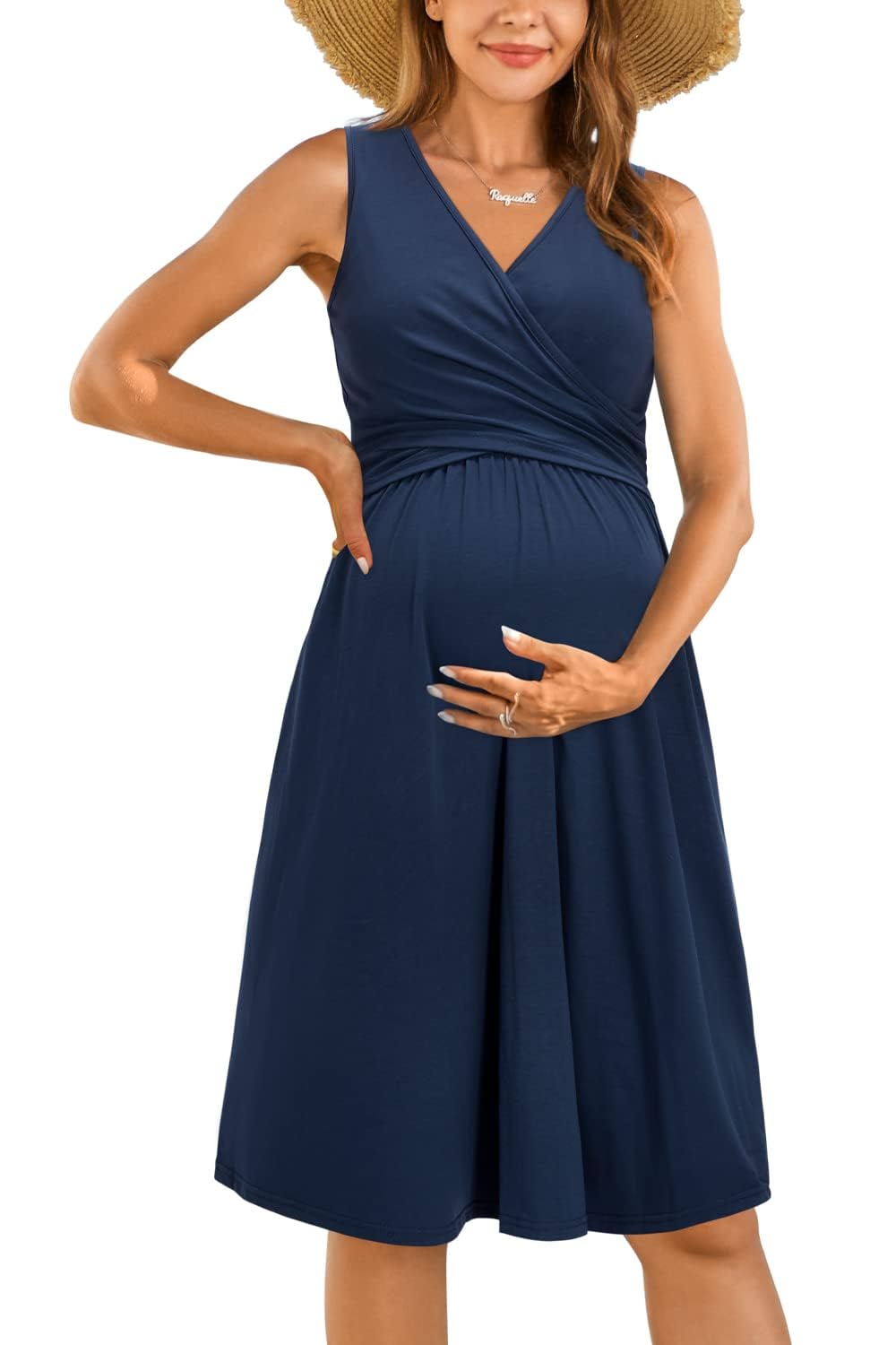 OUGES Damen Sommer Umstandskleid Midi Stillkleid Baumwolle Kleider für Schwangere Lässiges Umstandsmode mit Taschen
