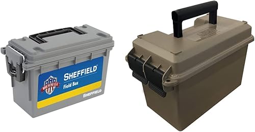 Sheffield 12628 Caja de almacenamiento de munición para pistola, rifle o escopeta, gris y lata de almacenamiento de munición MTM calibre 50, tierra