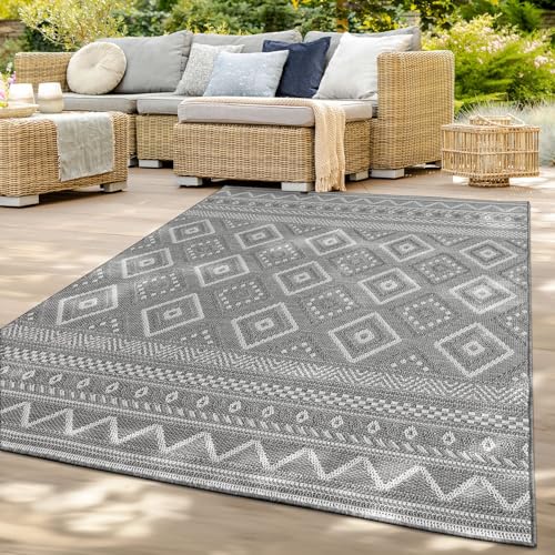 TT Home In-& Outdoor Teppich Wetterfest Balkon Küche Wohnzimmer Boho Rauten Design, Farbe: Grau 2,...