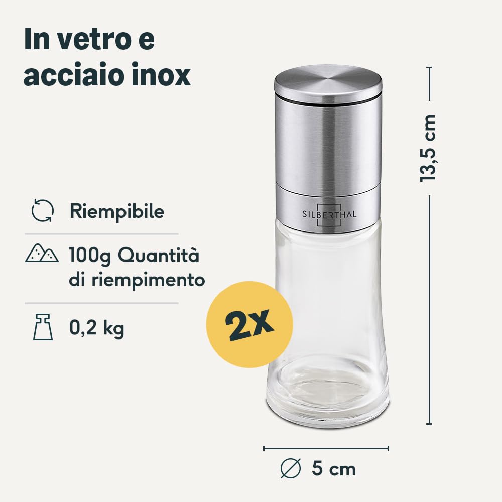 SILBERTHAL Macina sale e pepe - Set sale e pepe manuale - Acciaio inox e vetro - Macinatore conico in ceramica