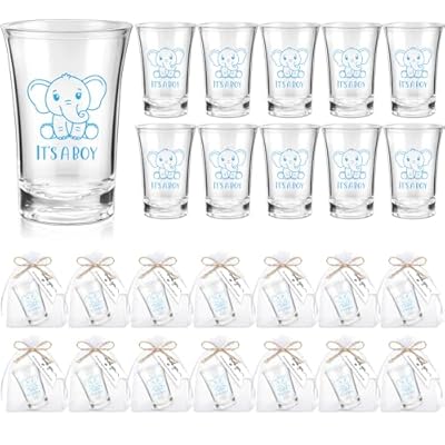 Pickmesh 50 Sets Baby Shower Favors for Guests Gift Elephant Acrylic Shot Glasses Bulk 1.2 oz Gender Reveal Glasses with Thank You Tags and Organza Bags for Baby Shower Party Supplies(Boy Style)