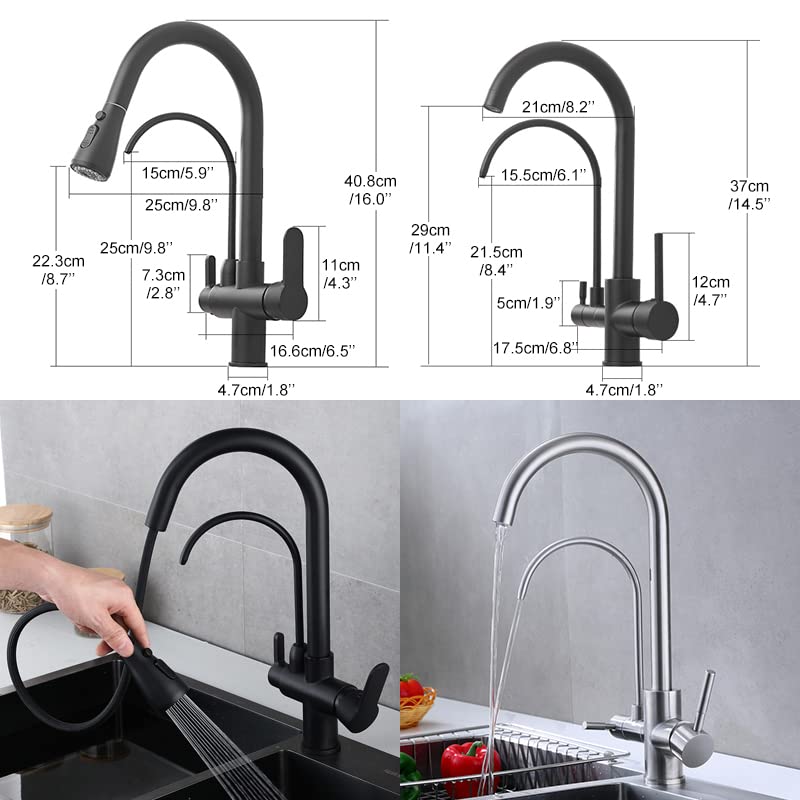 Grifos de cocina negros montados en cubierta, grifo de filtro de agua fría y caliente extraíble para cocina, mezclador de fregadero de tres vías, grifo de cocina, extraíble dorado