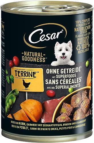 Cesar Adult Hundenassfutter Natural Goodness, 6 Dosen, 6x400g – Ausgewogenes Premium Hundefutter nass, reich an Huhn, mit natürlichen Zutaten hergestellt